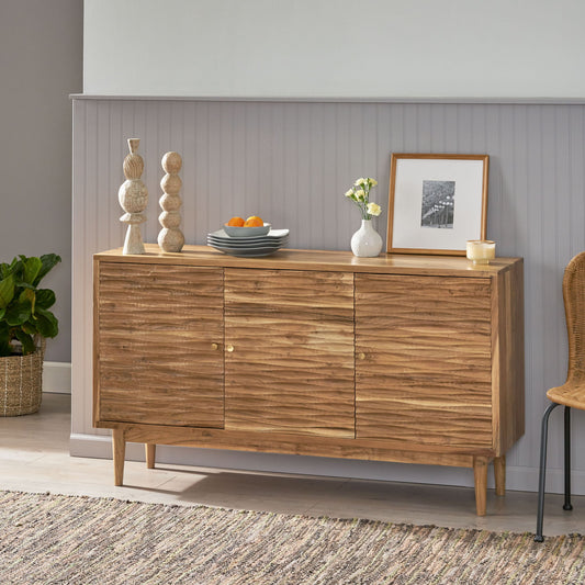Boho Handcrafted 3 Door Sideboard, Carved Texture & Artisanal Charm - Natural