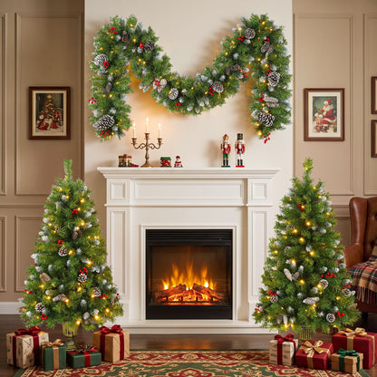 Pre Lit Artificial Christmas Tree Set With LED Lights, 3 Piece Garland And Entrance Trees, Warm Lighting, Indoor Use Only - Green