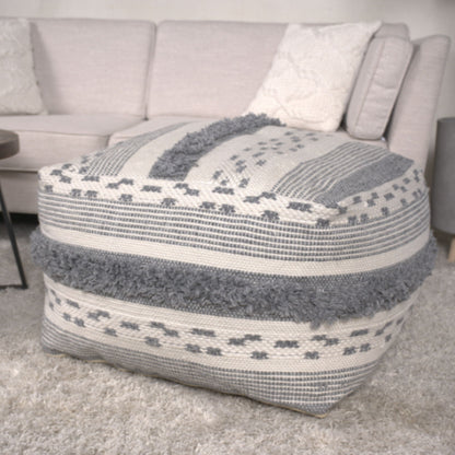 Karim - Faux Yarn Large Pouf, Durable - Ivory / Gray