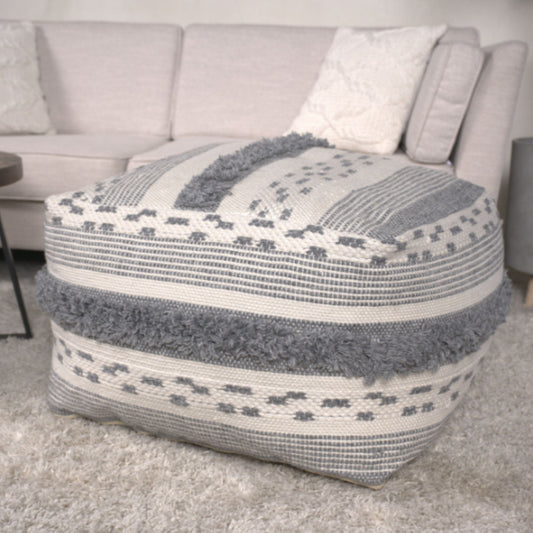 Karim - Faux Yarn Large Pouf, Durable - Ivory / Gray