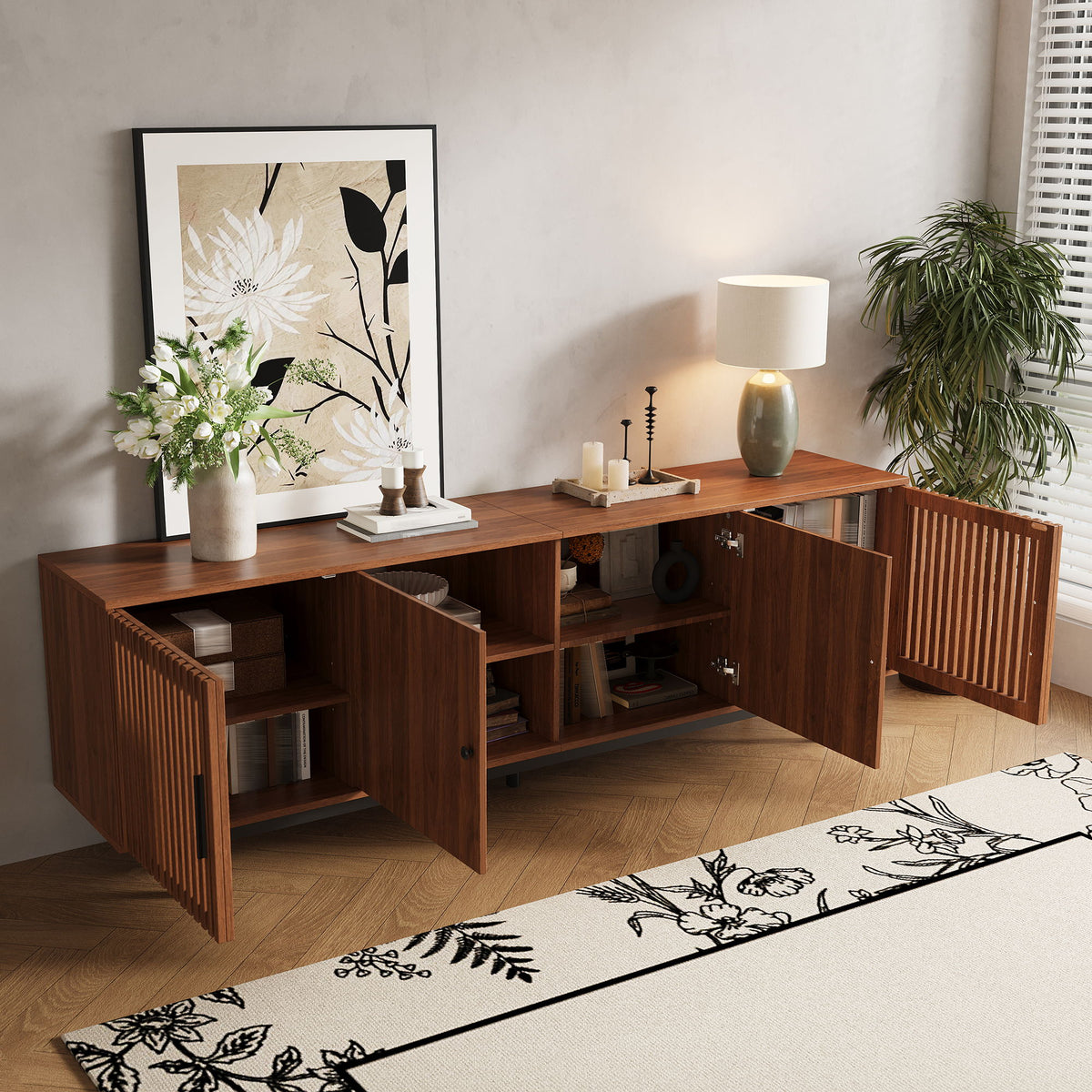 TV Stand, Media Console & Soft Closing Hinges, Adjustable Shelves, Slatted Doors - Walnut