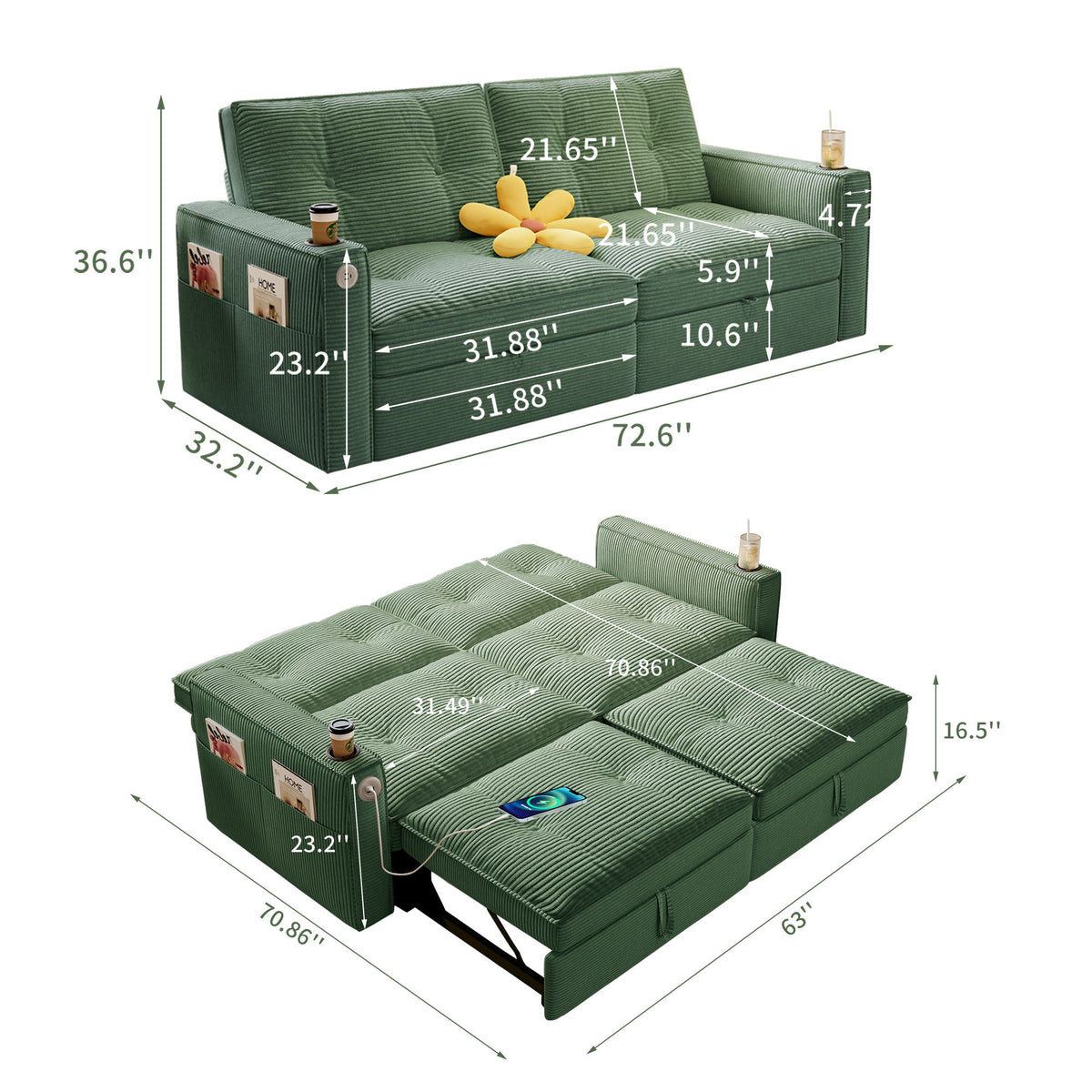 2 In 1 Convertible Sofa Bed For Living Rooms - Green