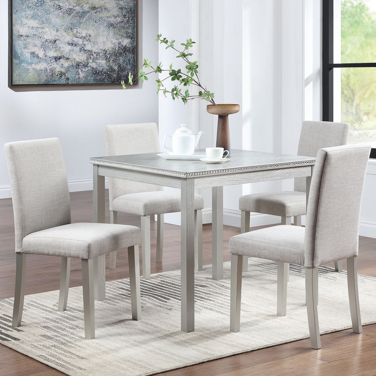 Dining Table Set With Crystal Decoration And Upholstered Chairs