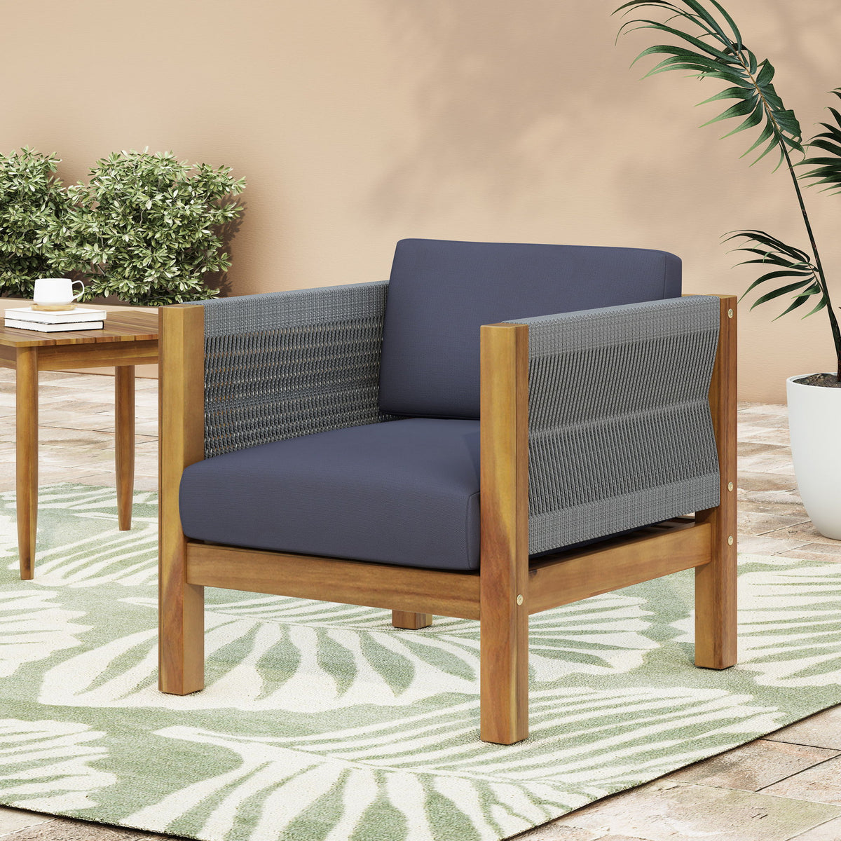 Outdoor Club Chair With Rattan Rope Wave - Teak