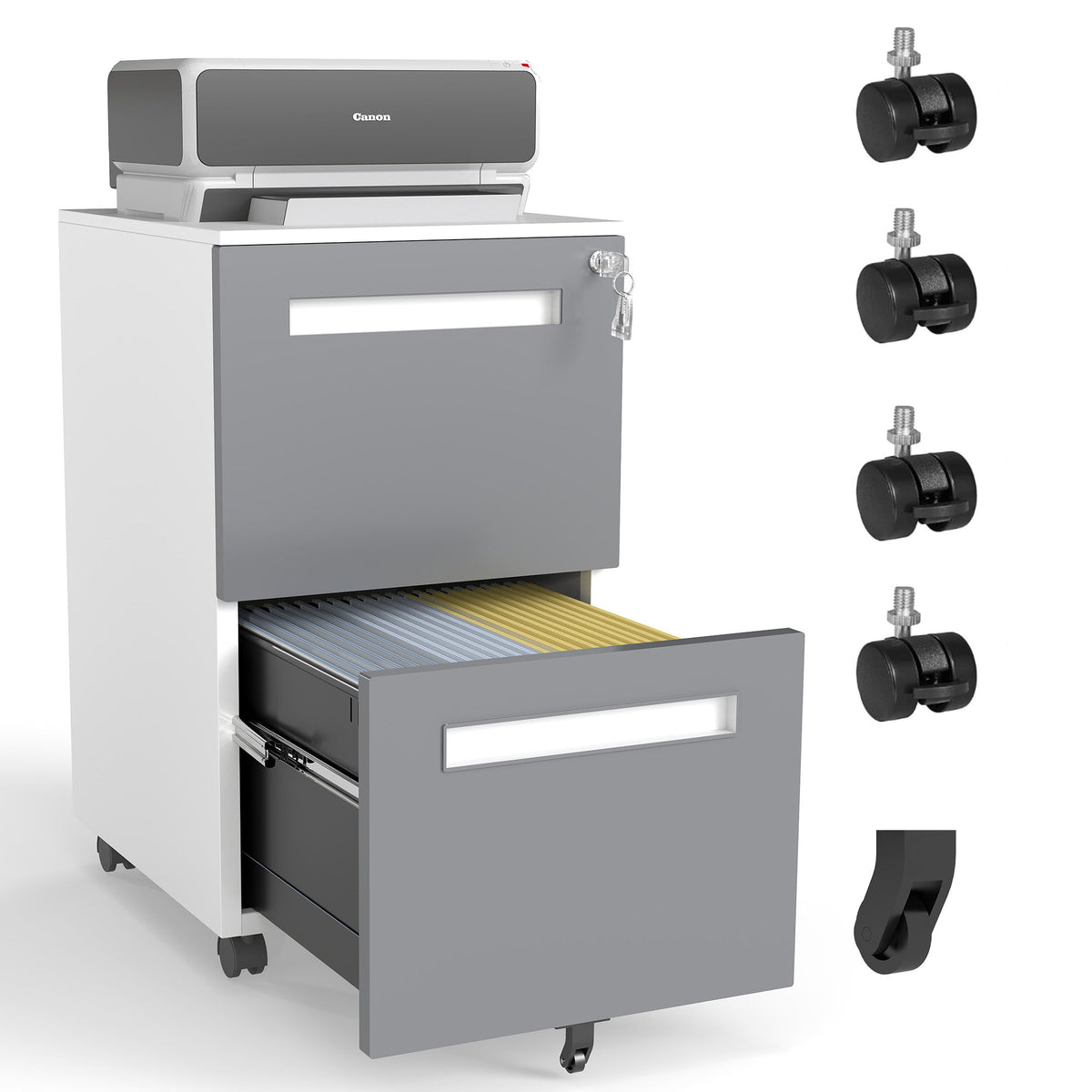 2-Drawer Mobile File Cabinet With Lock,On 360° Wheels, Holds A4/Letter/Legal Files - White