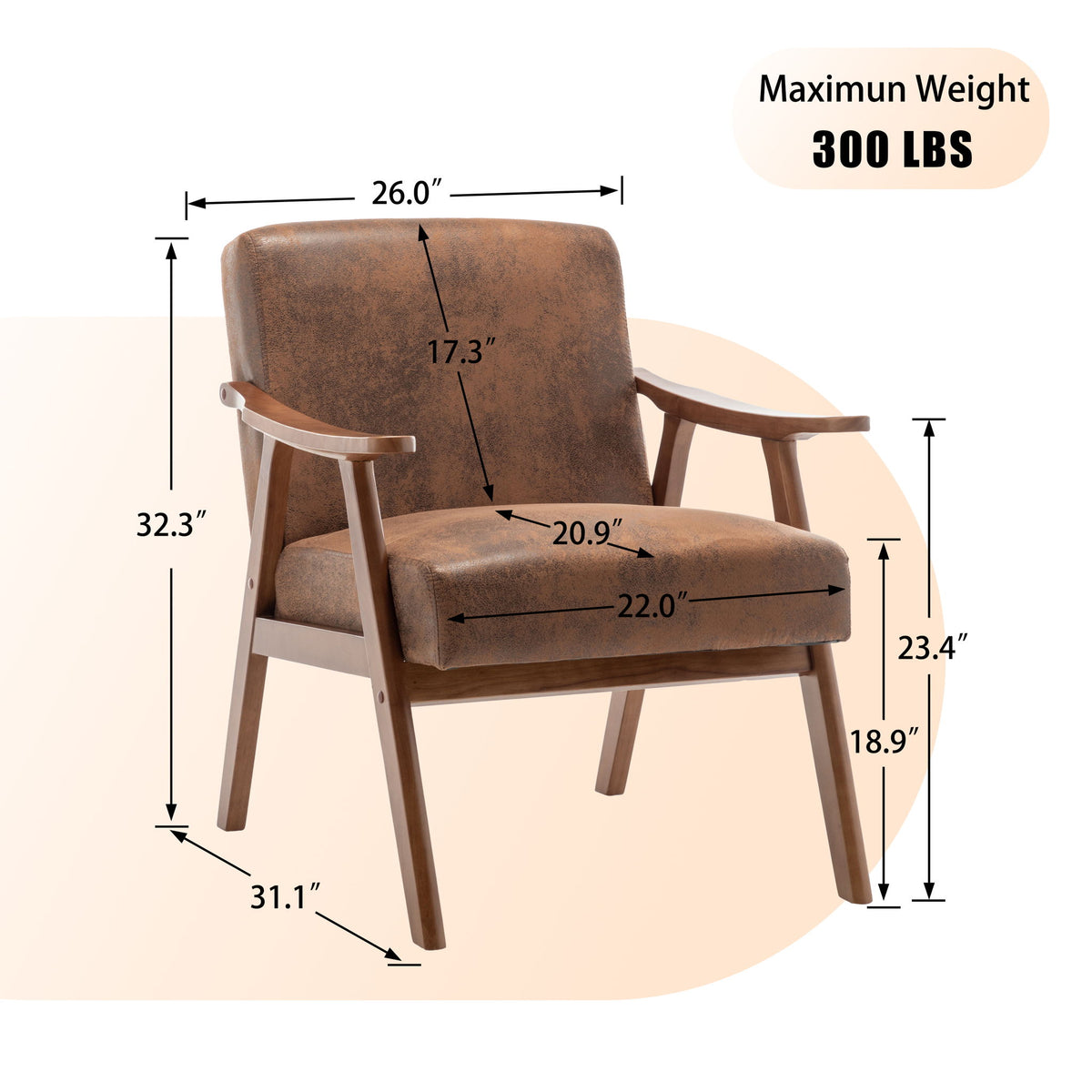 Mid Century Modern Accent Chair With Solid Wood Frame And Extra Thick Backrest