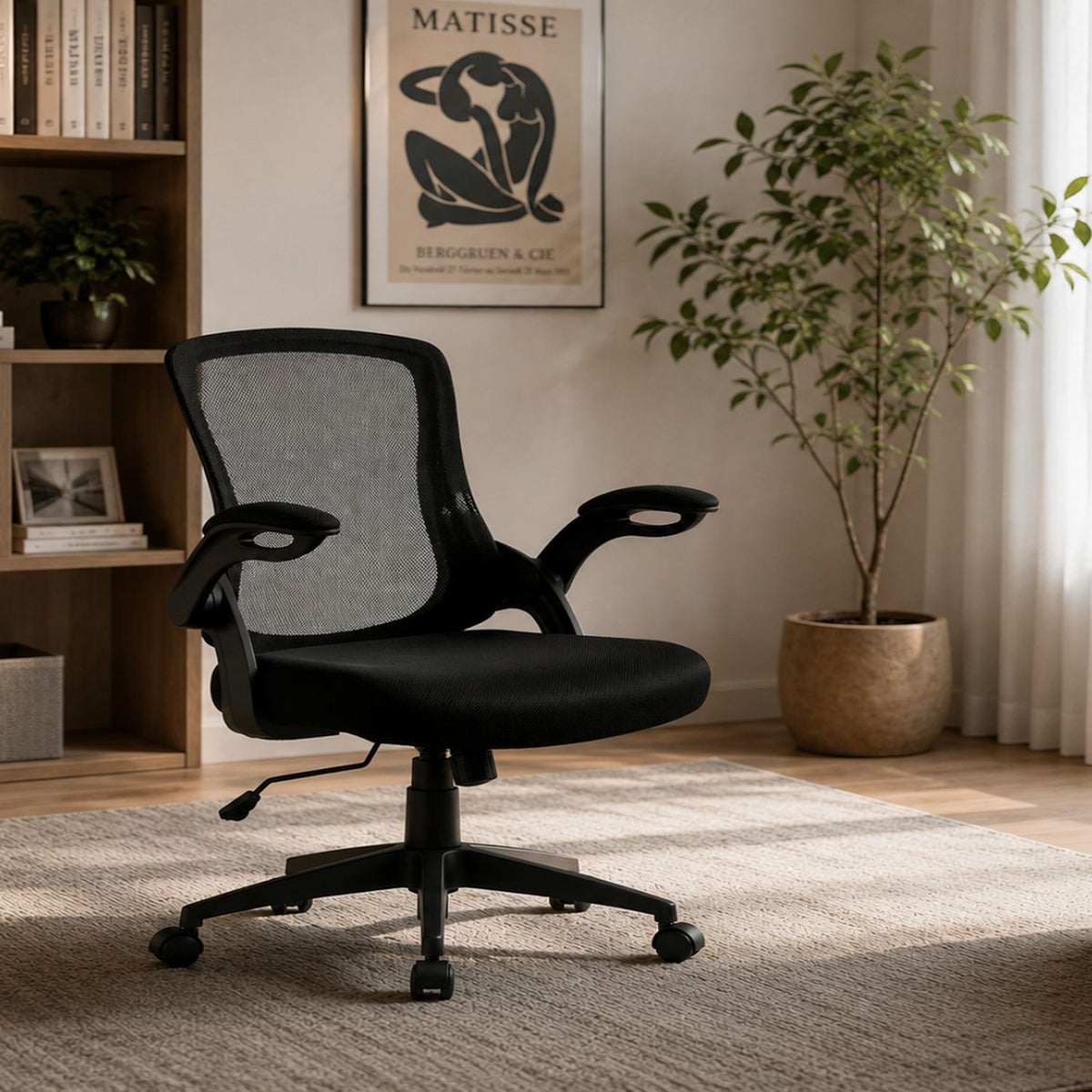 Office Chair & Mid Back Design, Adjustable Height And Foldable Armrests - Black