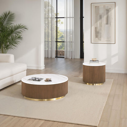 3 Piece Table Set Round Cocktail Table And 2 Round End Tables - Brown / Gold / White