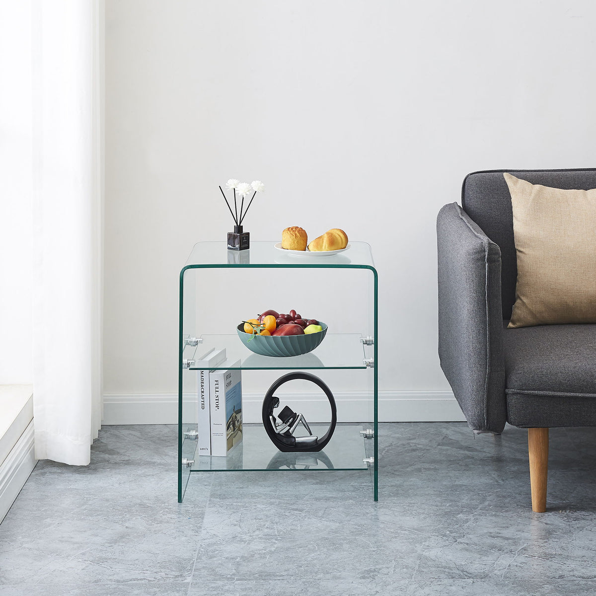 Tempered Clear Bent Glass Side Table Sofa Table, Multi Purpose Use, Premium Tempered Glass - Transparent