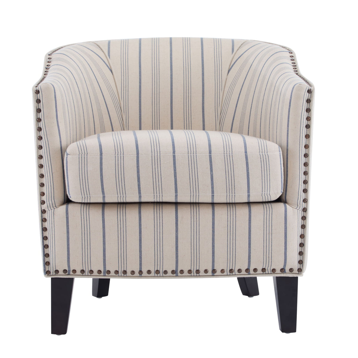 Transitional Upholstered Stripe Barrel Chair With Birch Wood Legs And Plush Cushioned Seat - Beige / Blue Stripe