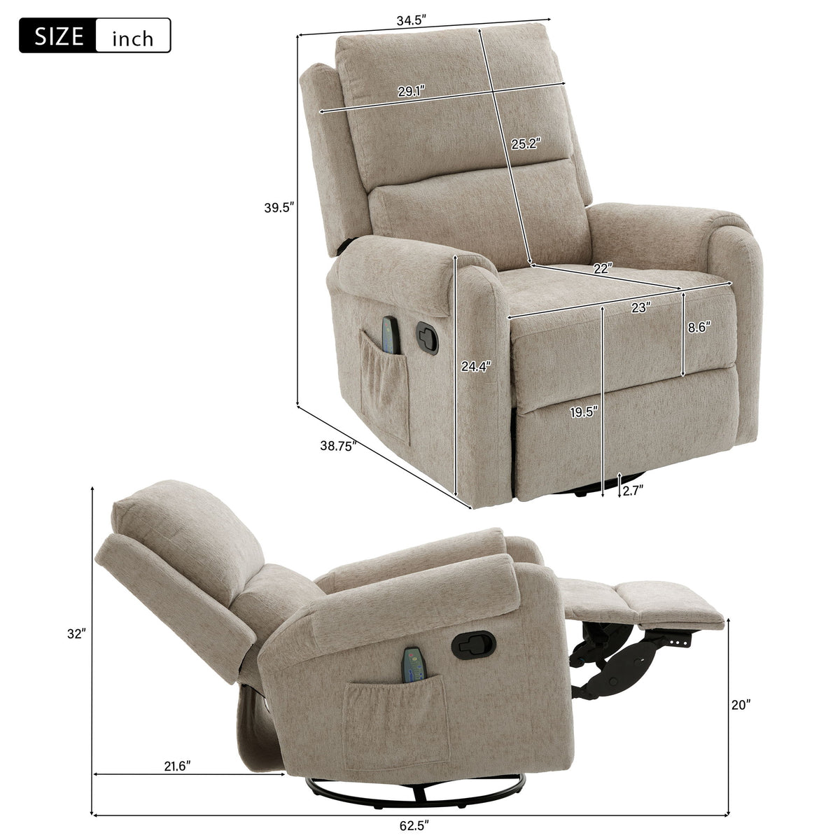 Manual Recliner Massage Chair With Swivel Rocker, 8 Massage Modes, Side Storage Pocket