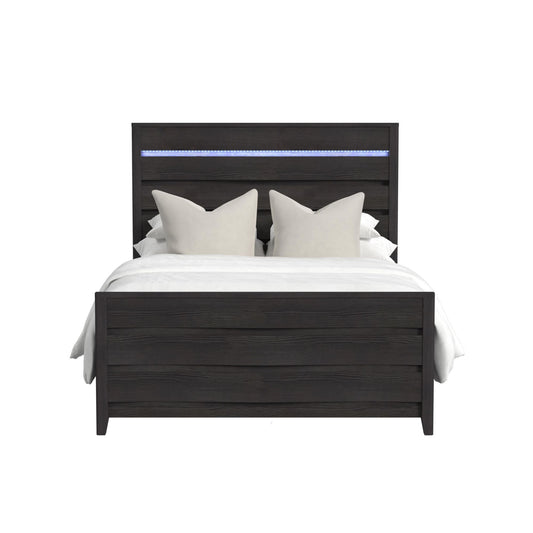 Tobias - Full Panel Headboard With LED And Footboard And Slats - Black
