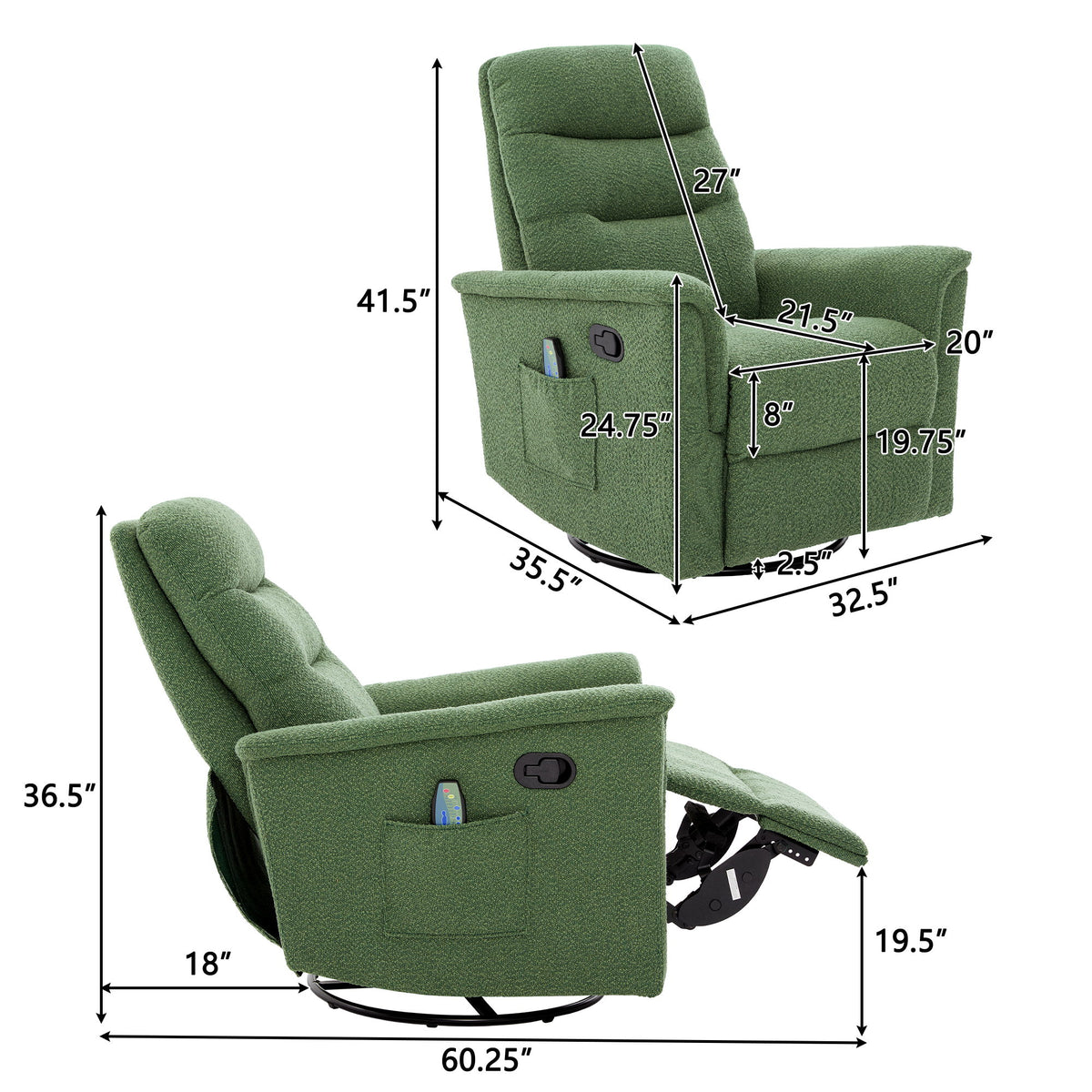 Manual Recliner Chair With 8 Point Massage And Swivel Function