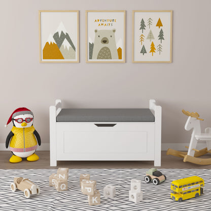 Kids Toy Box Chest Storage Cabinet With Cushion Seat Bench Flip Top Lid Safety Hinge - White
