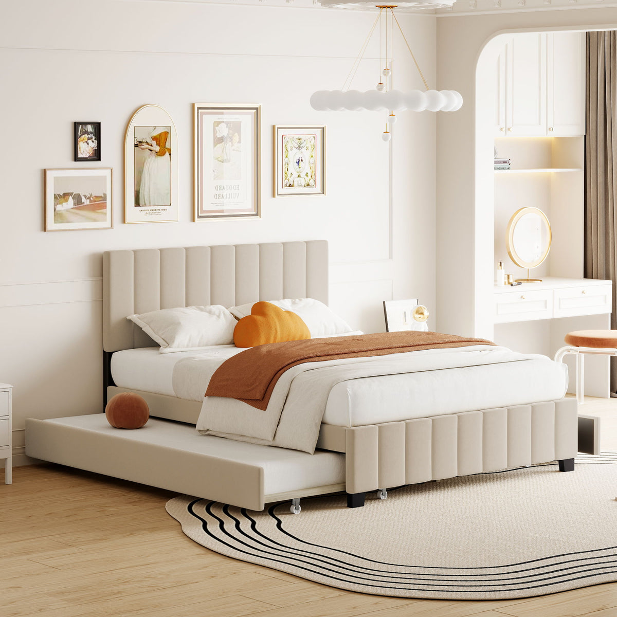 Platform UpholsteredBed With 2 Drawers And Twin Long Trundle