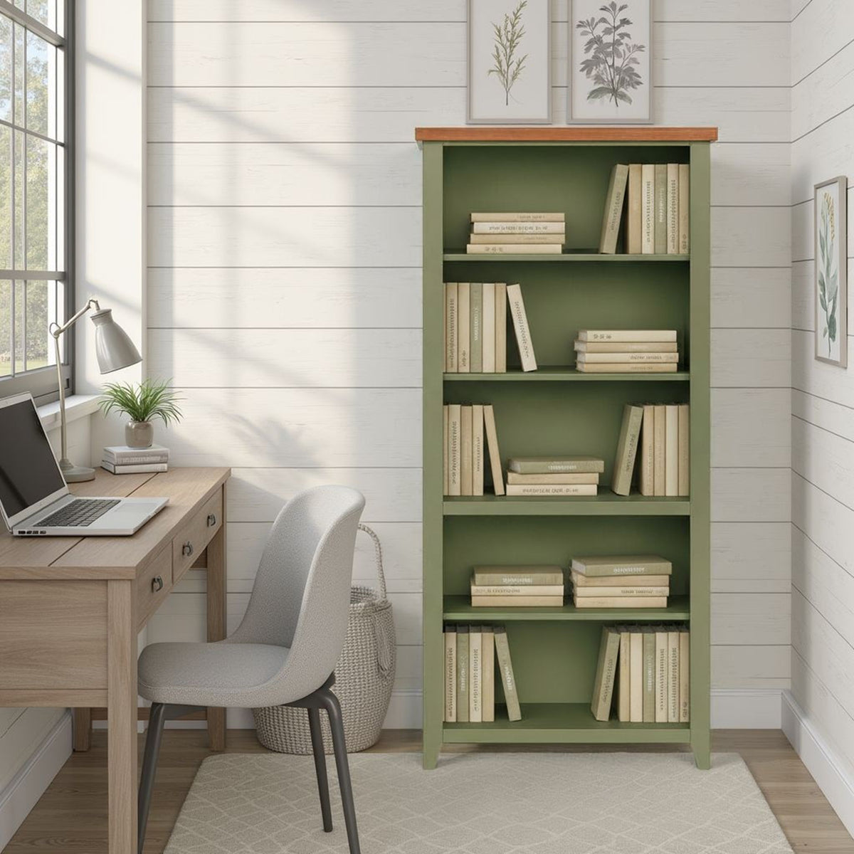 72" High 5 Shelf Bookcase - Sage Green And Fruitwood