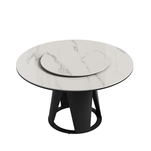 Modern Sintered Stone Dining Table With Round Turntable And Metal Pedestal - White