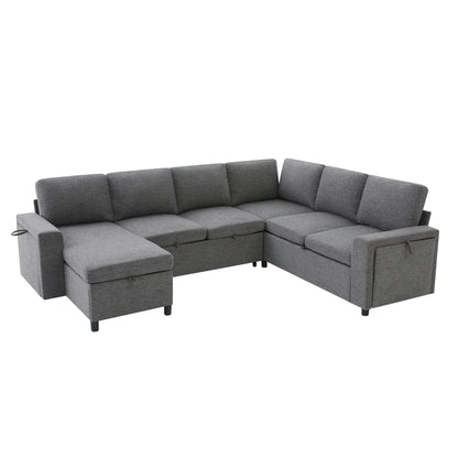 U - Shaped Convertible Sectional Sofa Bed With Storage, USB Charger & Cup Holders