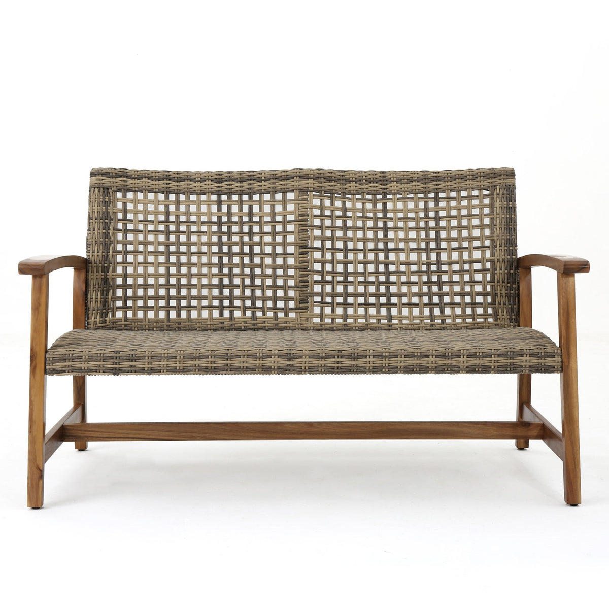 Outdoor Rattan Loveseat With Wooden Legs - Natural / Gray