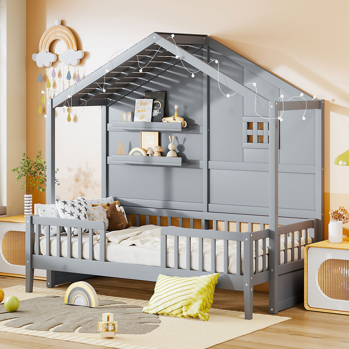 House Bed With Shelves, Window And Sparkling Light Strip On The Roof