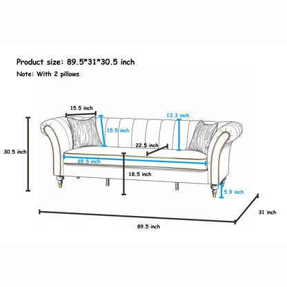3 Seater Sofa With Rolled Arms, Vertical Channel Tufted Backrest
