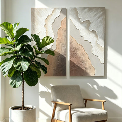 Abstract Wall Art, Textured Canvas Painting With Accents, Decor For Living Room (Set of 2) - Antique Brown / White