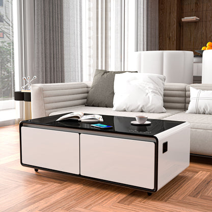 Modern Smart Coffee Table With Built-In Fridge, tooth Speaker, Wireless Charging Module, Touch Control Panel, Power Socket, USB Interface, Outlet Protection, Atmosphere Light