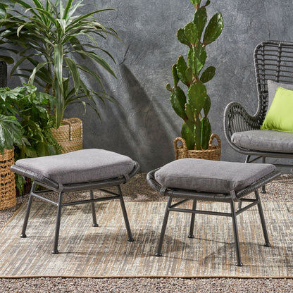 Outdoor Modern Boho Wicker Ottoman With Cushions (Set of 2)