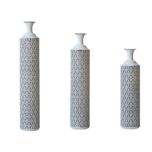 Modern Floor Vase Set Metal Vases With Geometric Pattern, 3 Piece Home Decor Set - White / Black