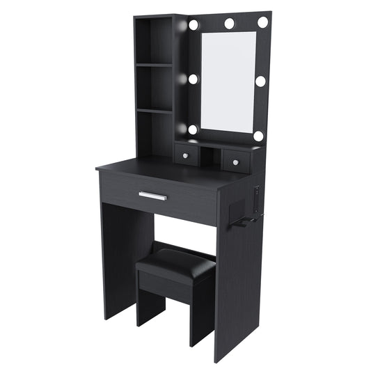 Vanity Table With Mirror, Adjustable LED Lights, Power Outlet, Hairdryer Holder & Stool