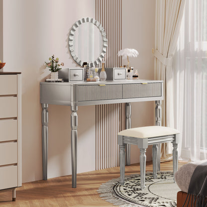 Luxury Vanity Desk With Round Mirror Height Adjustable Dressing Table Set Engineered Wood - Silver