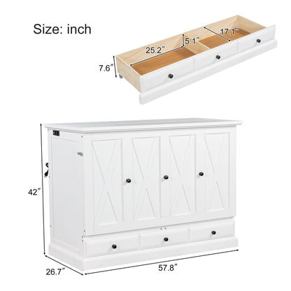 Full Solid Pine Murphy Bed Chest Cube Cabinet Bed With Charging Station And Large Storage Drawer For Home Office Or Small Room - White