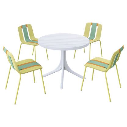 4 Piece Set Of Color Block Designed Single Chairs With Round Table - Grain Yellow / Haze Green / Tropical Orange / White