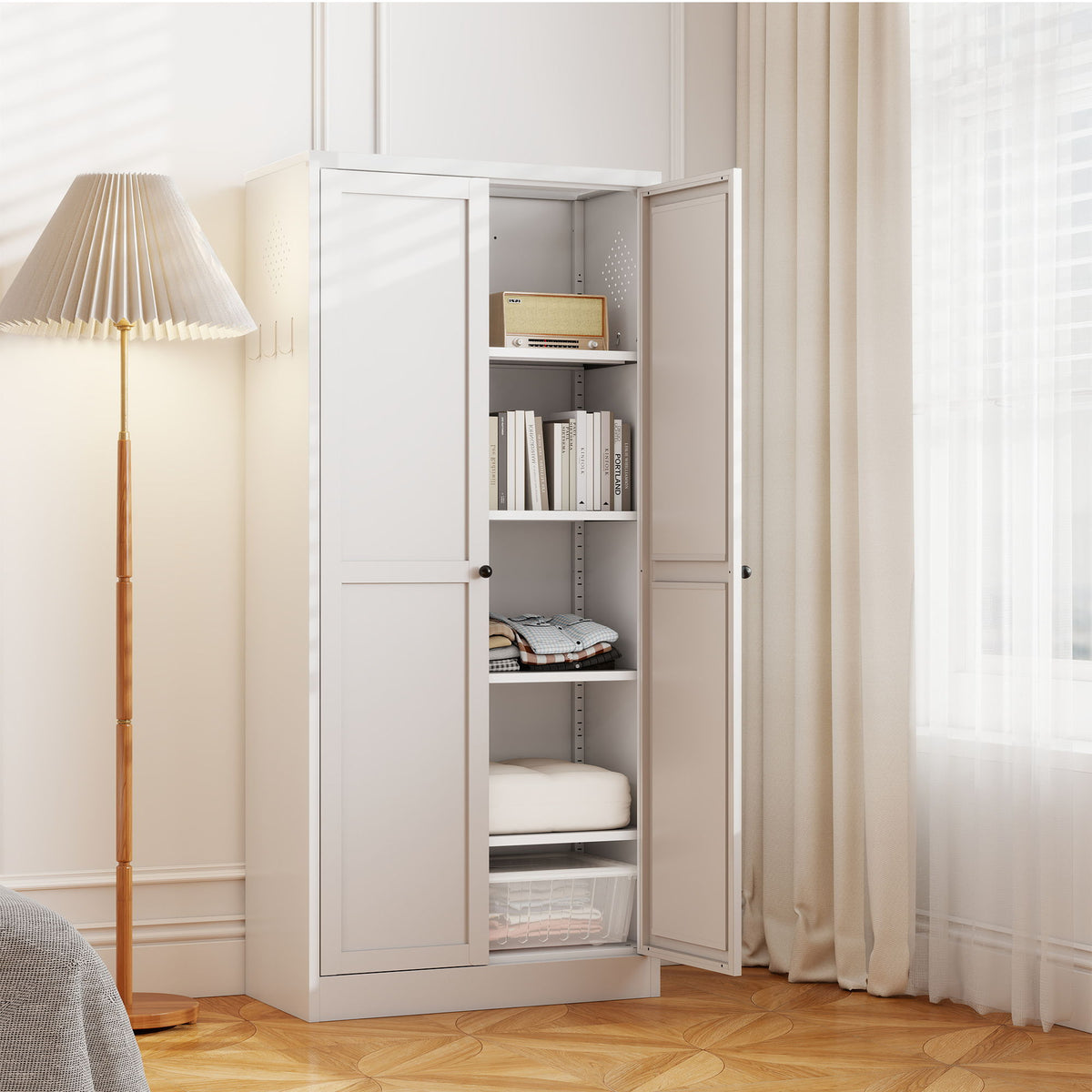 Metal Kitchen Pantry Cabinet With Adjustable Storage And 4 Heavy Duty Shelves - White