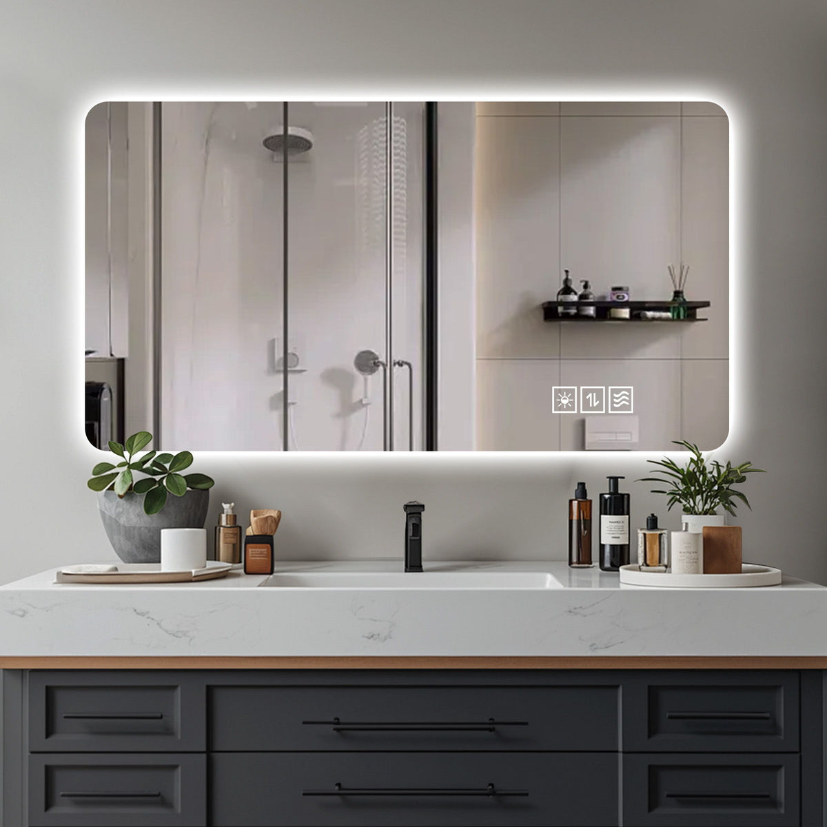 Wall Mounted LED Lighting Mirror With 3 Color Lighting, Dimming, Waterproof, Anti Fog, Touch Switch - Silver