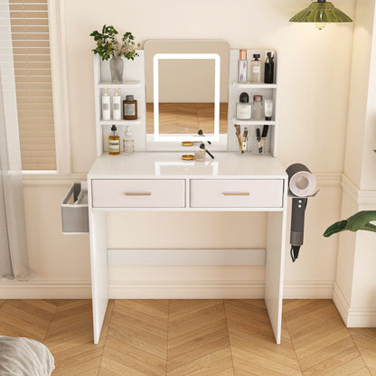 Elegant LED Mirror Vanity Dressing Table With Adjustable Lights, Drawers & Storage - White