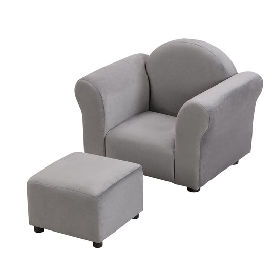 Kids Velvet Upholstered Chair With Ottoman For Comfortable Seating - Gray