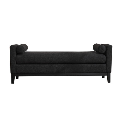 Elegant Upholstered Bench, Daybed, Ottoman With Wood Legs & 2 Bolster Pillows - Black Boucle