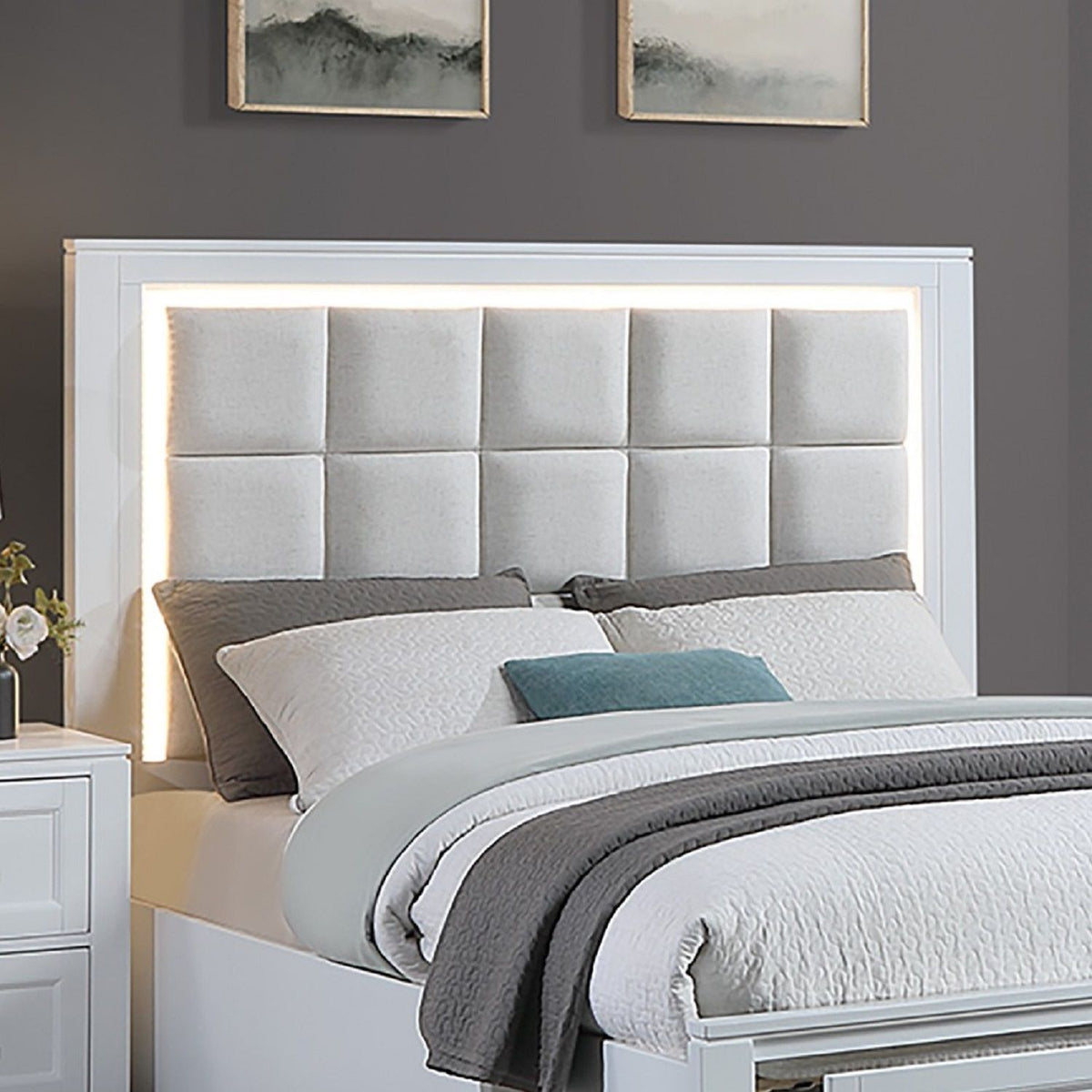 Upholstered Headboard Platform Bed With LED Lighting And Underbed Drawers