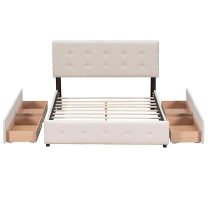 Upholstered Platform Bed With Classic Headboard And Drawers, No Box Spring Needed