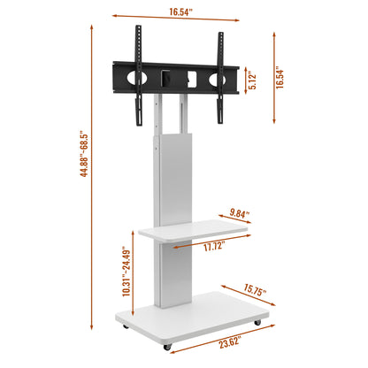Mobile TV Stand With Shelf Floor Mount Cart For TVs With Lockable Wheels Ideal For Living Room Bedroom Or Office - White