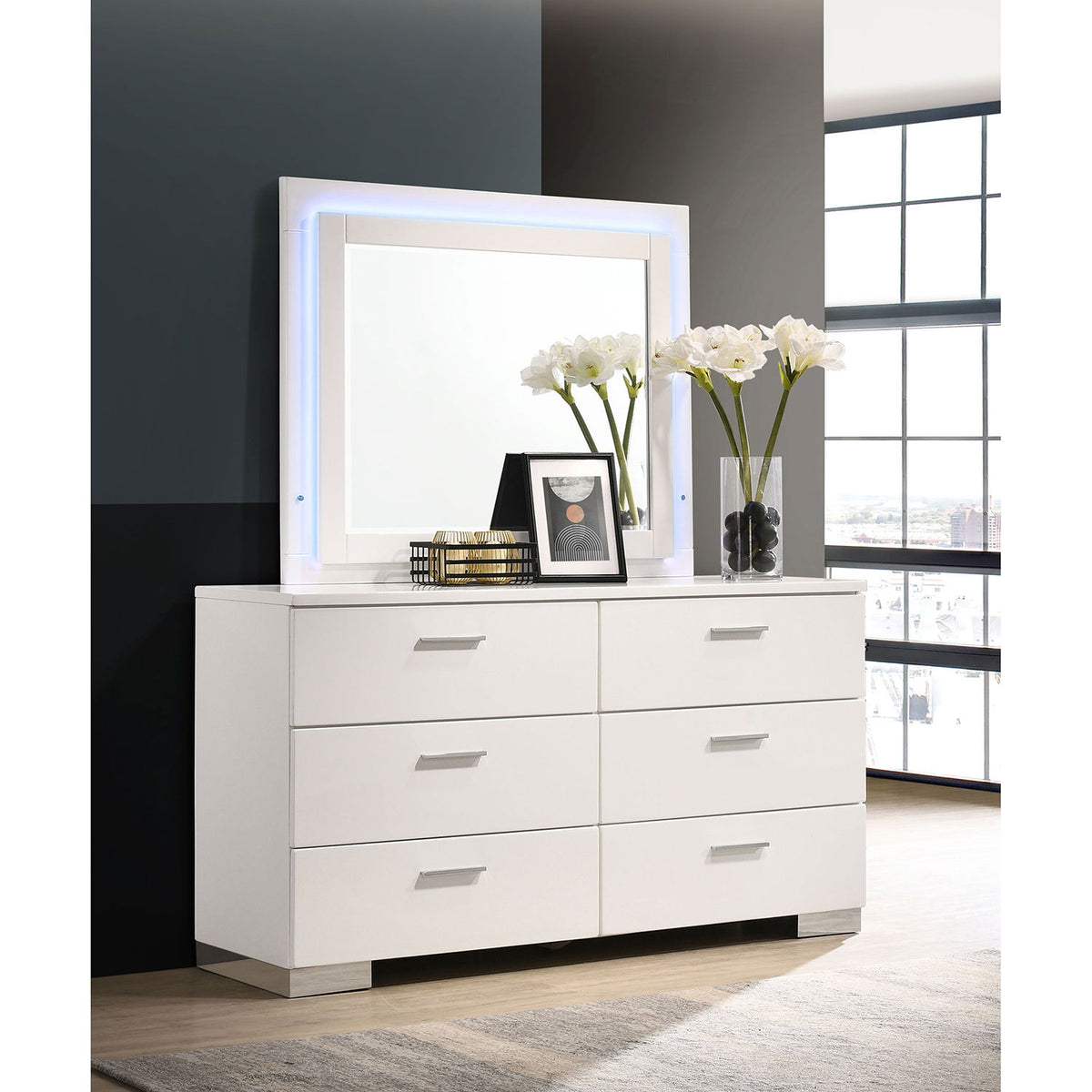 Dulcey - 6 Drawer Dresser With LED Mirror - Gloss White