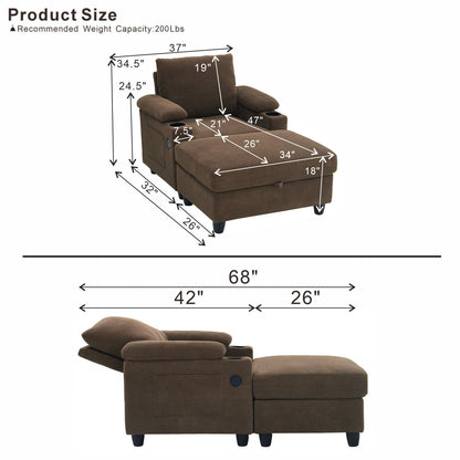 Accent Chair With Storage Ottoman, Reclining Single Chaise Lounge With Cupholders And USB, C Ports