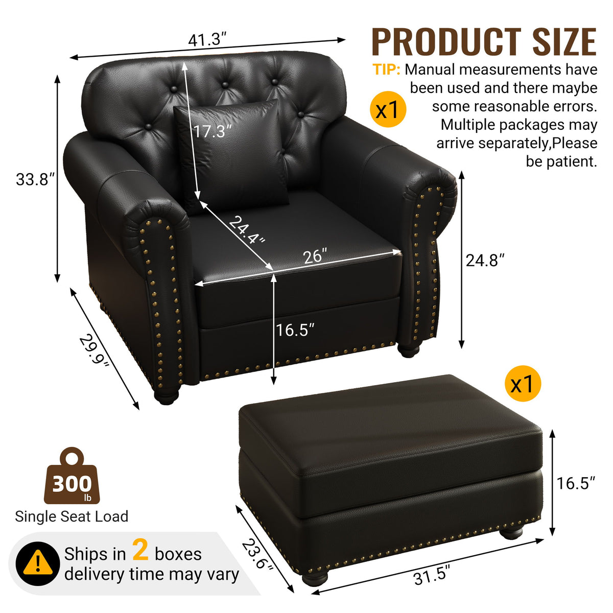 Upholstered Sofa With Nailhead Trim, Rolled Armrests With Ottoman