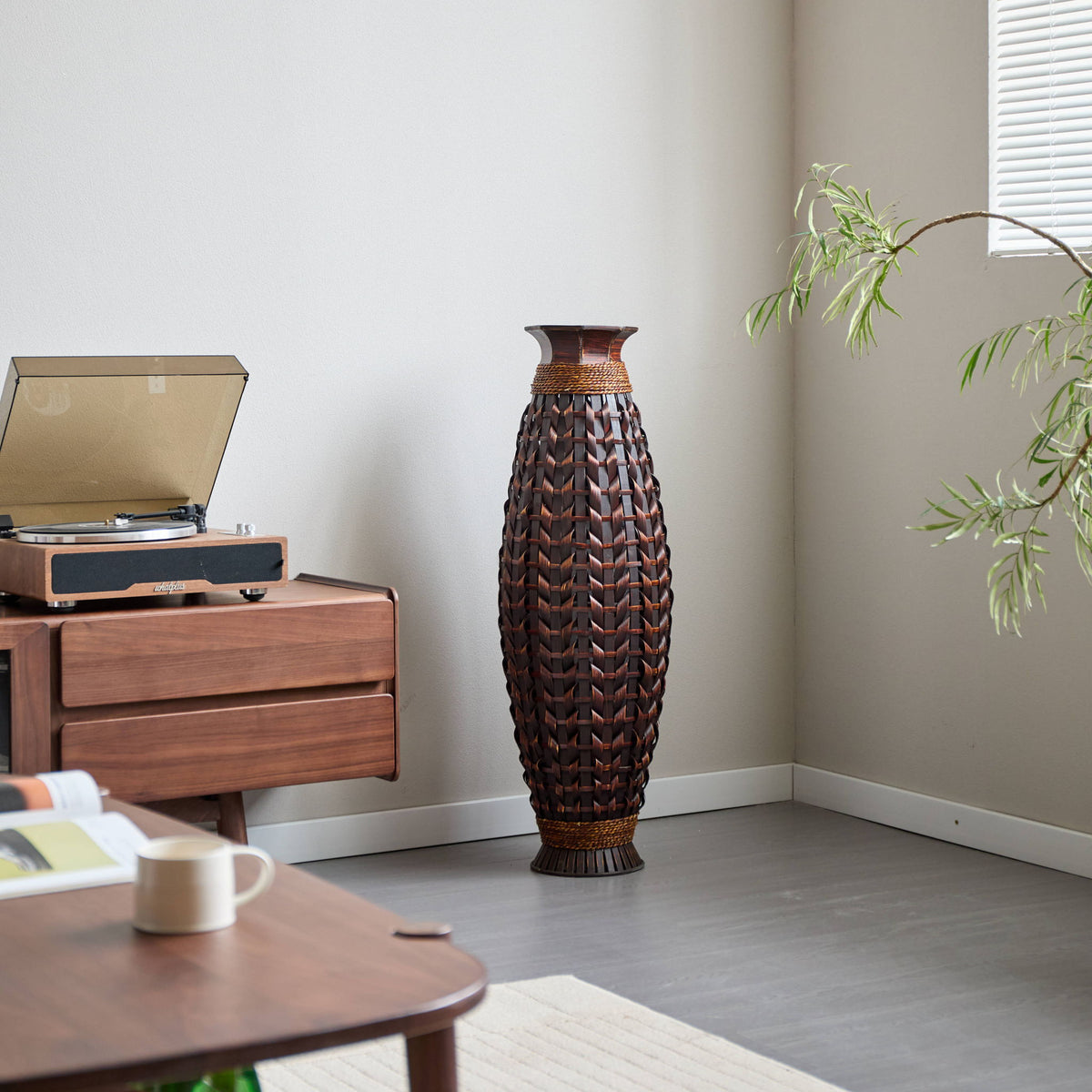 Hand Woven Bamboo Floor Vase, Decorative Accent For Living Room - Acacia Wood