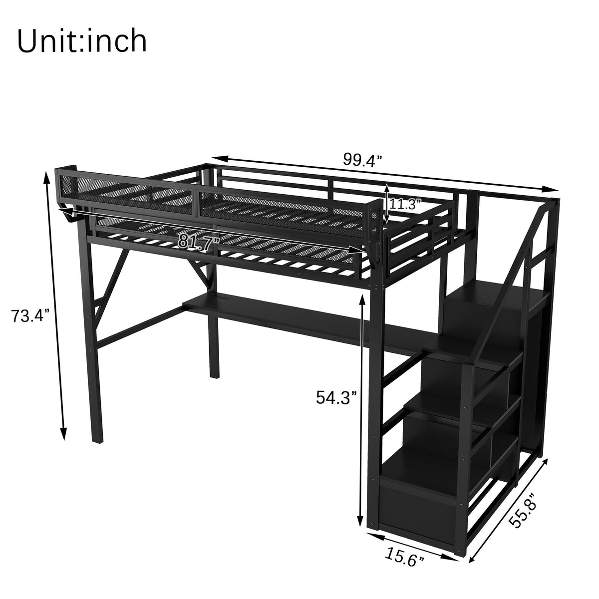 Loft Bed With Desk And Charging Station With Stairs And Light