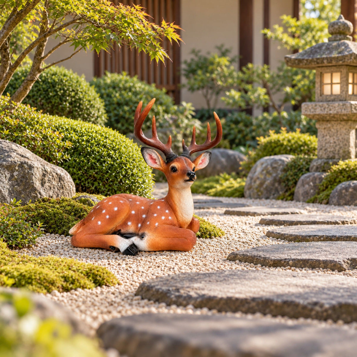 Lying Deer Garden Statue, Buck Sculpture With Detachable Antlers For Outdoor Decor - Brown