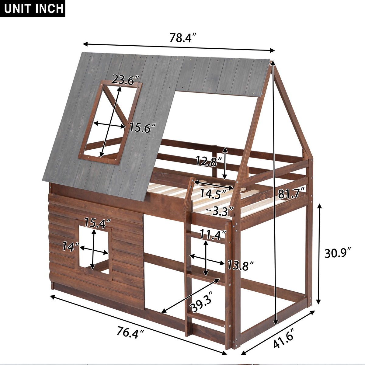 Twin Size House Bunk Bed With Roof, Ladder And 2 Windows - Brown