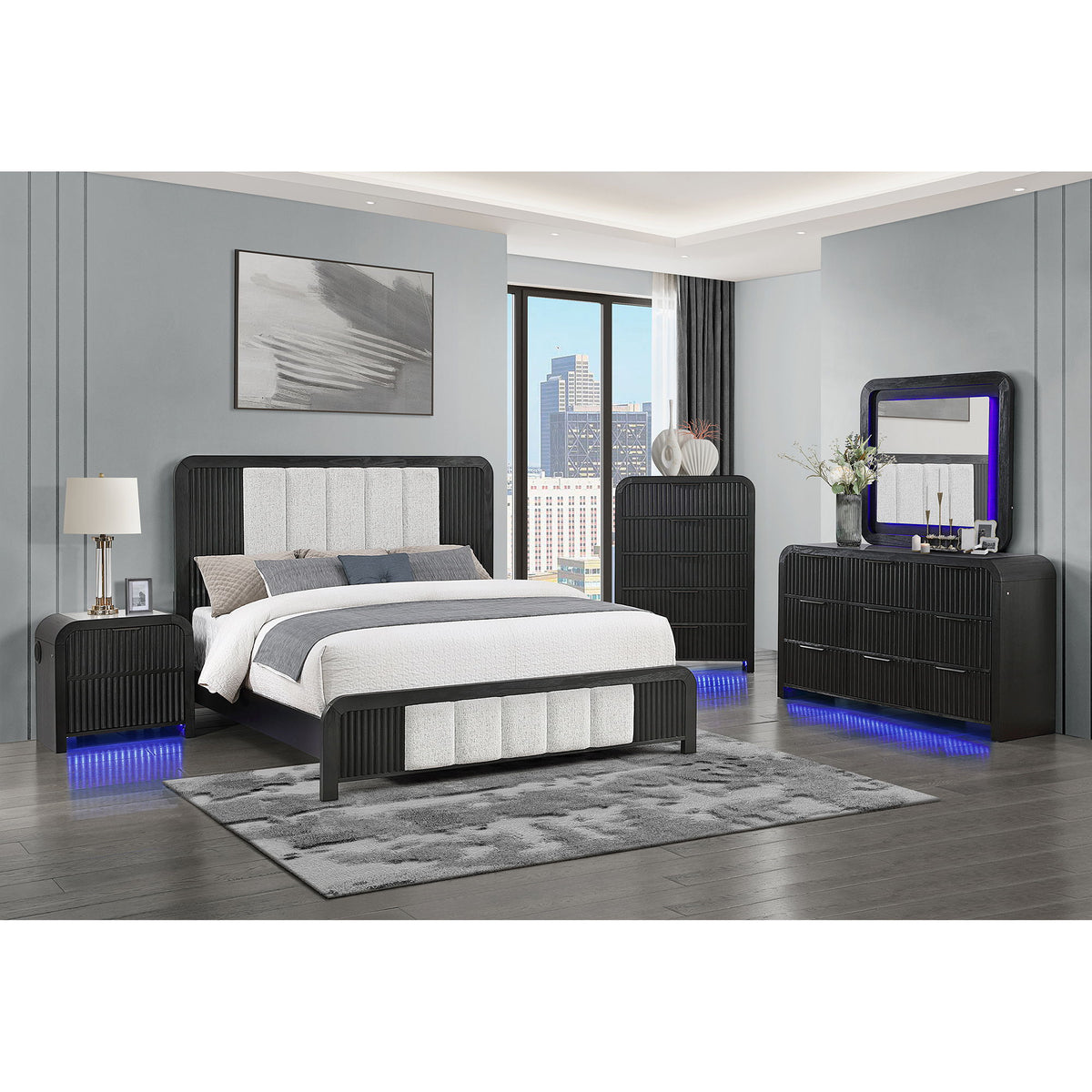 Beverly - Queen Bed With Fluted Detailing, Upholstered Headboard And Footboard, Low Profile Design - Black White