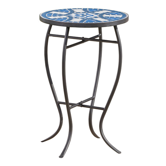 Outdoor Round Side Table With Mosaic Style Top And Curved Iron Legs - Blue / Matte Black